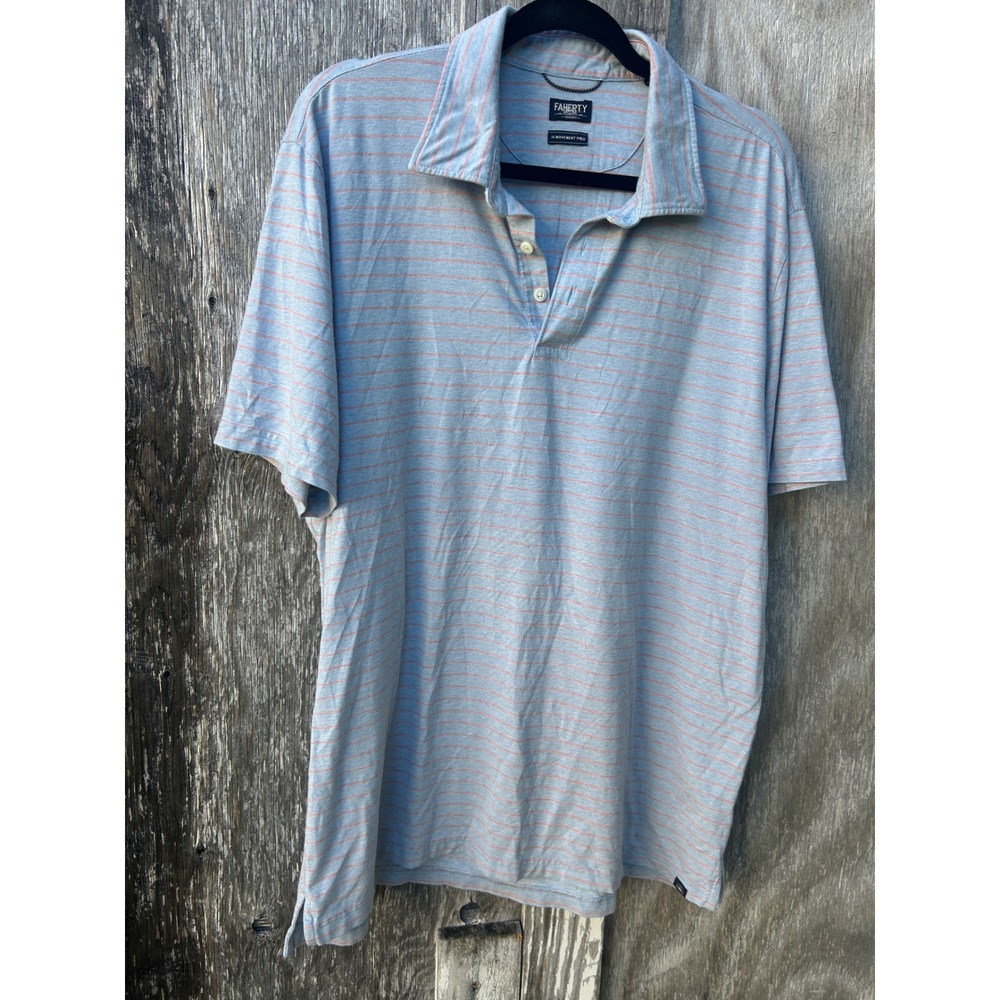 Faherty Movement Polo Shirt Blue Pink Stripe Pima Cotton Stretch Men's XL